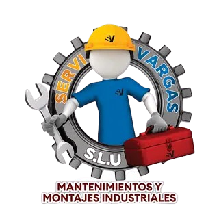 Logotipo de Serví Vargas. Una figura con casco y camisa azul sostiene una llave inglesa y una caja de herramientas frente a un engranaje con texto.