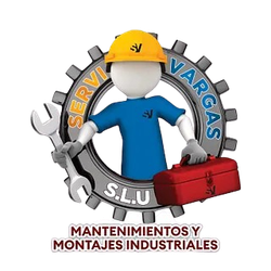 Logotipo de Serví Vargas. Una figura con casco y camisa azul sostiene una llave inglesa y una caja de herramientas frente a un engranaje con texto.