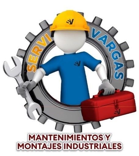 Logotipo de mantenimiento industrial: una figura con casco amarillo, una llave inglesa y una caja de herramientas roja.