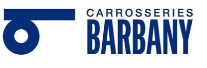 Un logotipo azul para Carrosseries Barbany con un círculo en el medio.