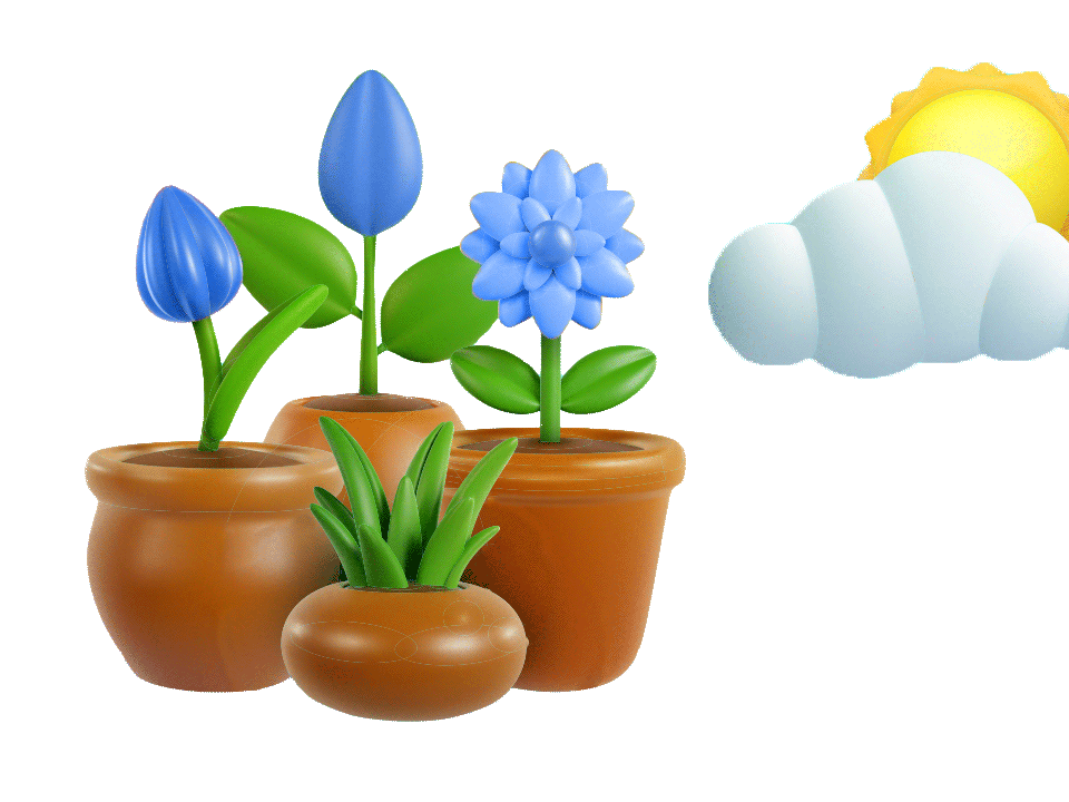 Pots de fleurs bleues et soleil en 3D