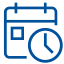 Un icono azul de un calendario y un reloj sobre un fondo blanco.