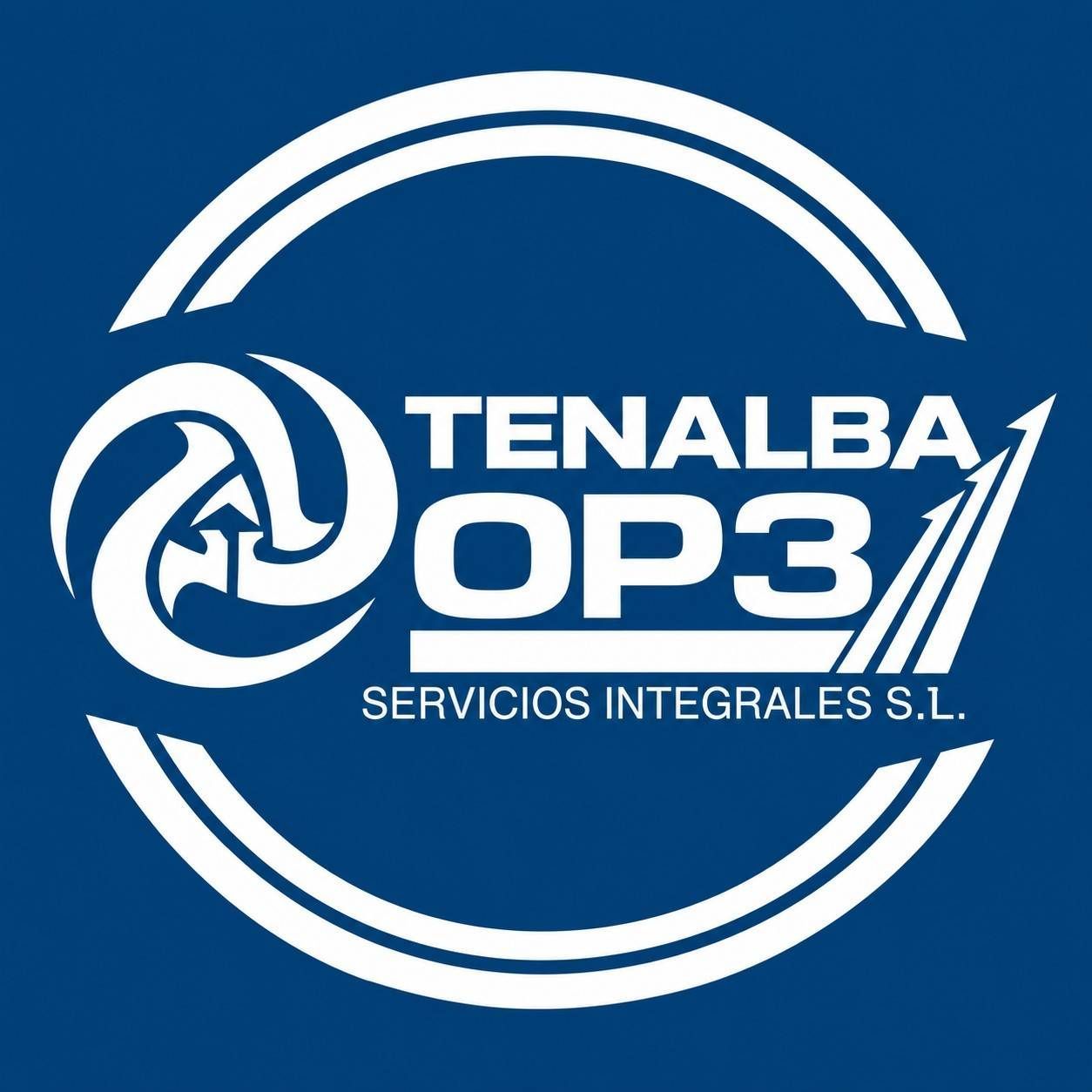Logotipo circular azul y blanco de TENALBA OP3 Servicios Integrales S.L. con un emblema abstracto en espiral