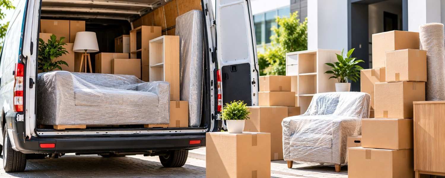Pasillo vacío de un almacén con cajas verdes apiladas y un suelo de hormigón pulido bajo luces brillantes en el techo