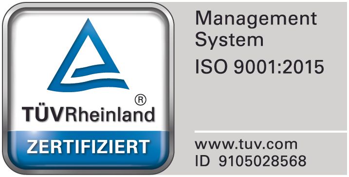 Ein blau-weißes Logo mit der Aufschrift „Managementsystem ISO 9001: 2015“
