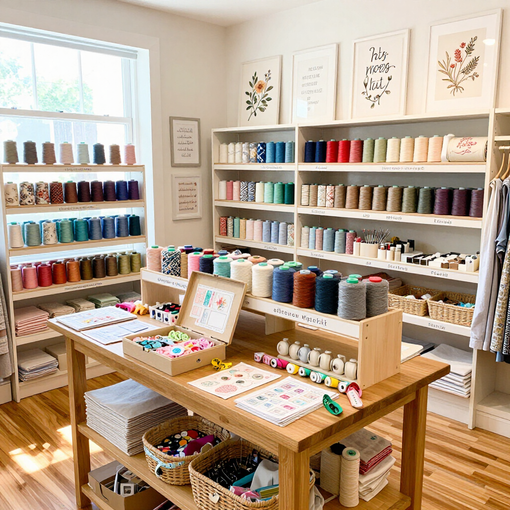 Un luminoso taller de manualidades con estantes llenos de carretes de hilo de colores y una mesa central de madera con material de costura.