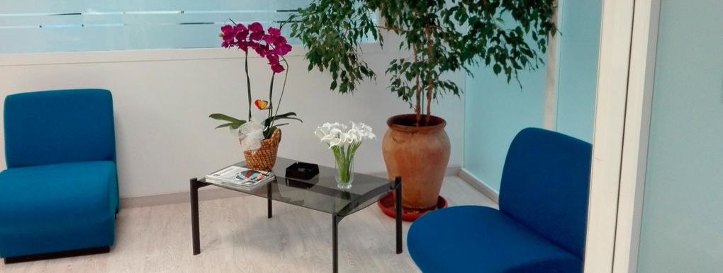 Una sala de espera con sillas azules, una mesa y una planta en maceta.