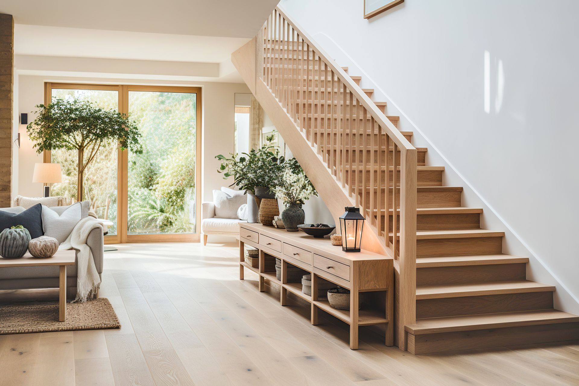 Intérieur moderne et lumineux avec un escalier, un balcon à l'étage, des murs blancs et une lumière naturelle abondante.