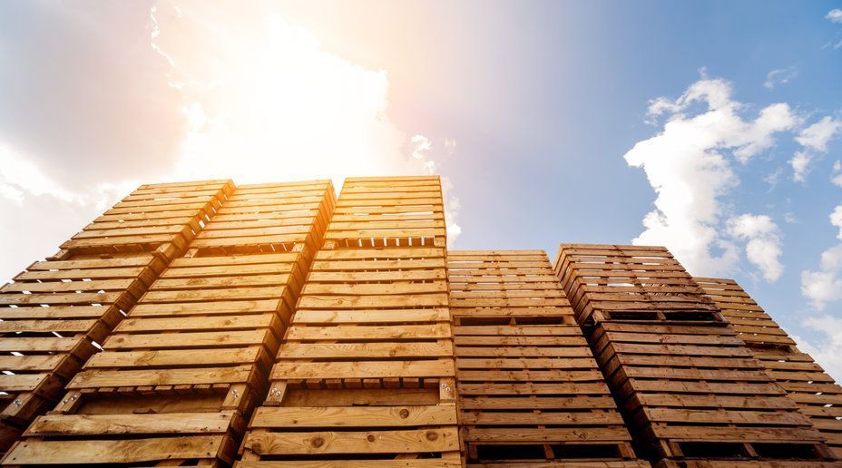 Paletas de madera apiladas contra un cielo brillante y nublado.
