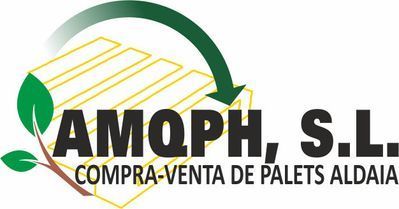 Logotipo de AMOQH, SL, empresa de compraventa de palets en Aldaia. Presenta un diseño de palets con una flecha de reciclaje.