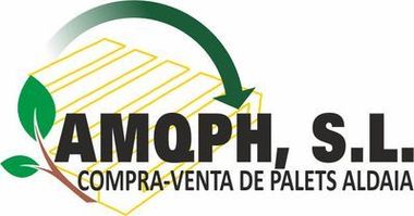 Logotipo de AMOQH, SL, empresa de compraventa de palets en Aldaia. Presenta un diseño de palets con una flecha de reciclaje.