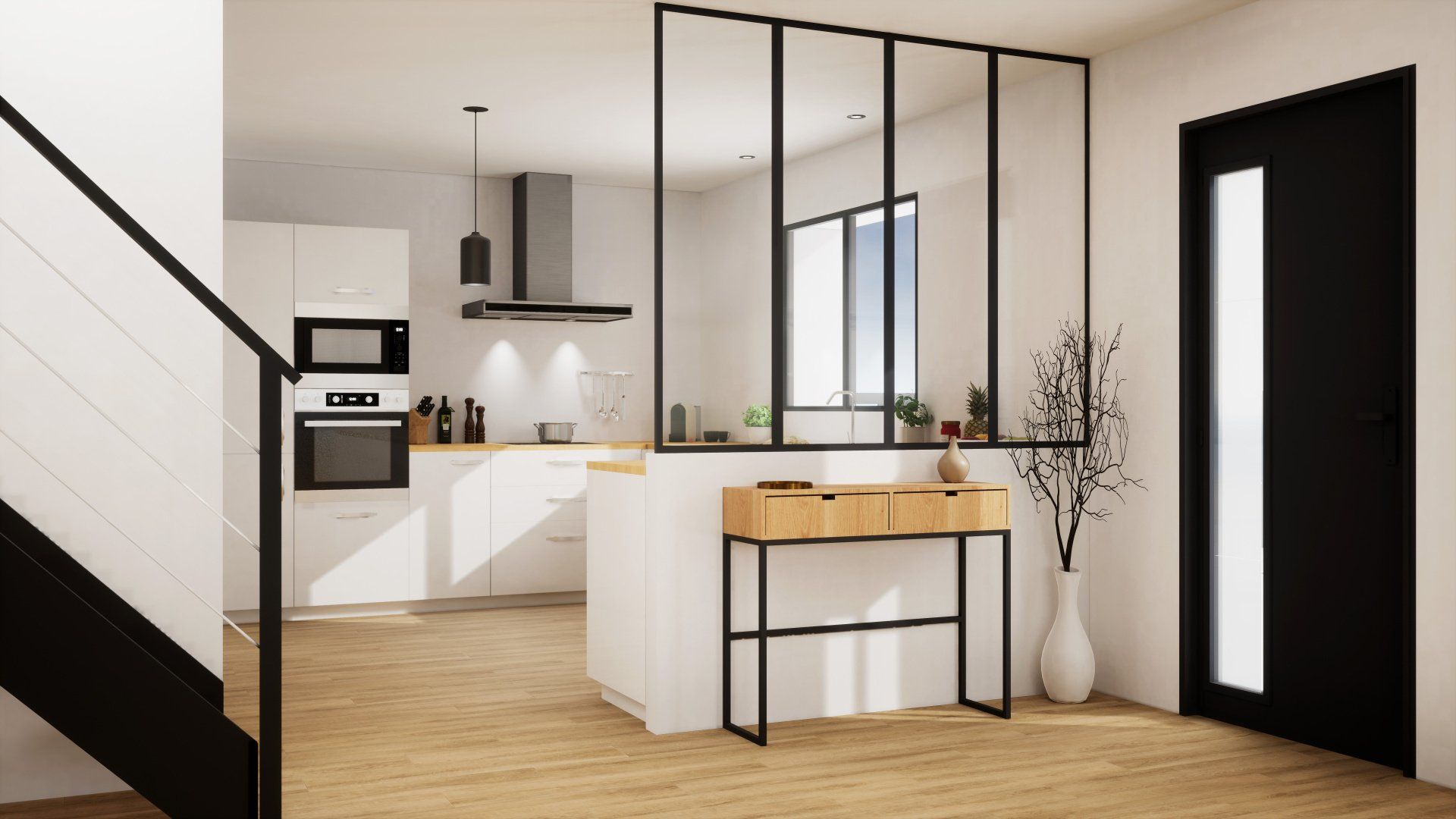 Verrière gris anthracite d'une cuisine ouverte