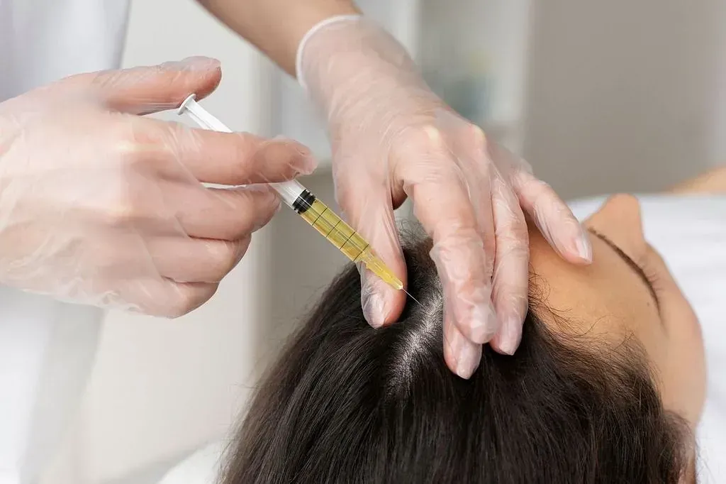 Una mujer recibe una inyección en el cabello.