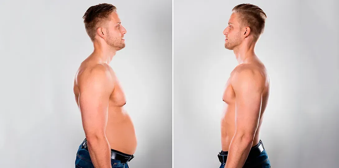 Una fotografía de antes y después de un hombre sin camisa.