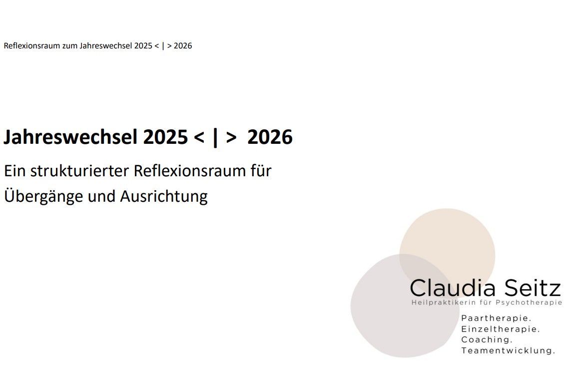 Folie mit dem Titel „Jahreswechsel 2025 < | > 2026“ und der Autorin Claudia Seitz, zur Reflexion und Orientierung.