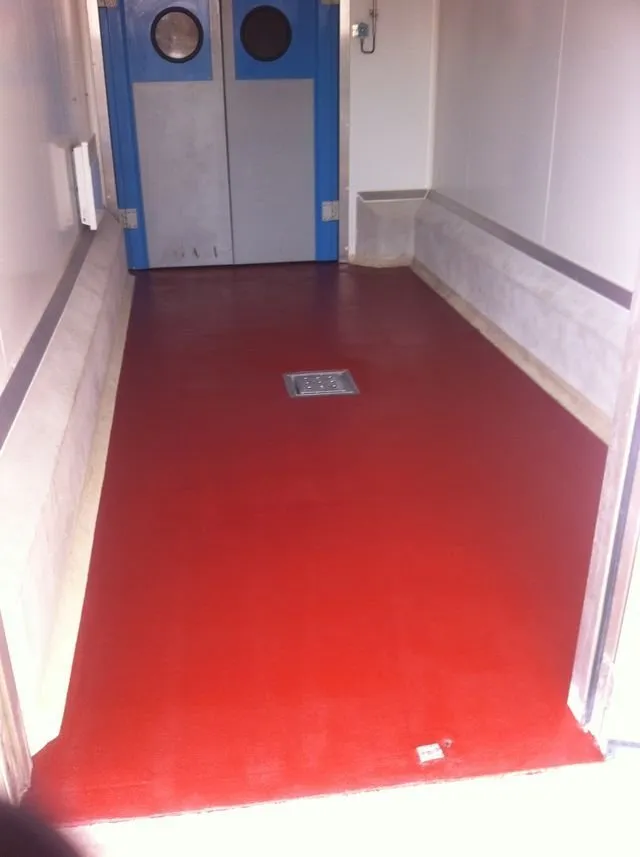 Un sol rouge et une porte bleue et grise