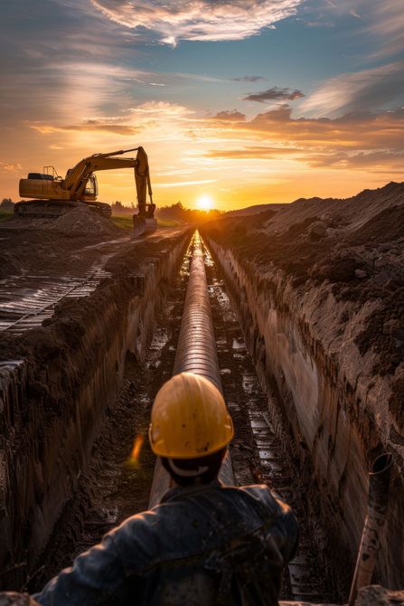 Homme devant une tranchée et un engin de chantier