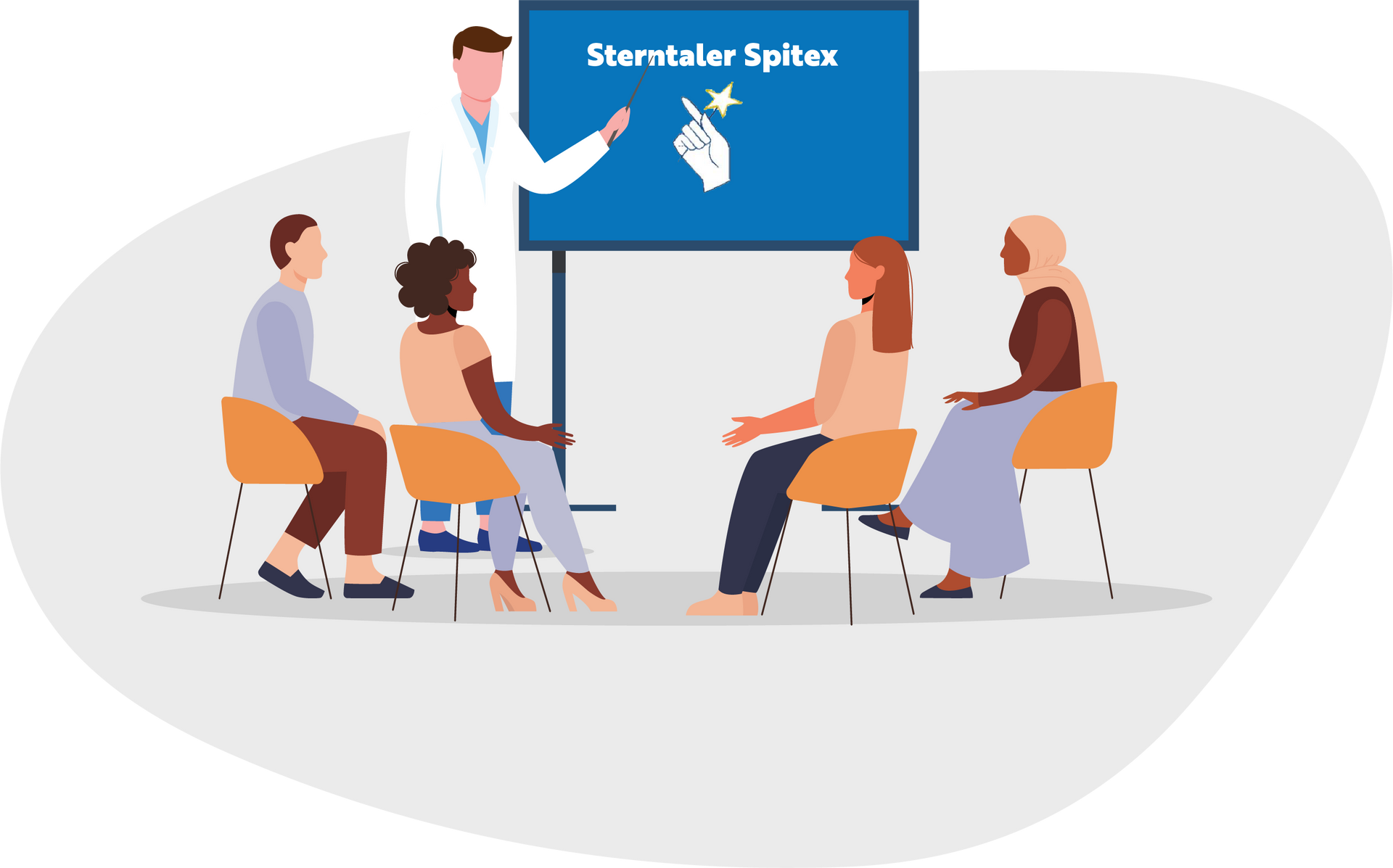 Ein Arzt zeigt während einer Präsentation vor einer gemischten Gruppe auf Stühlen auf einen Bildschirm mit der Aufschrift „Stammtaler Splice“.