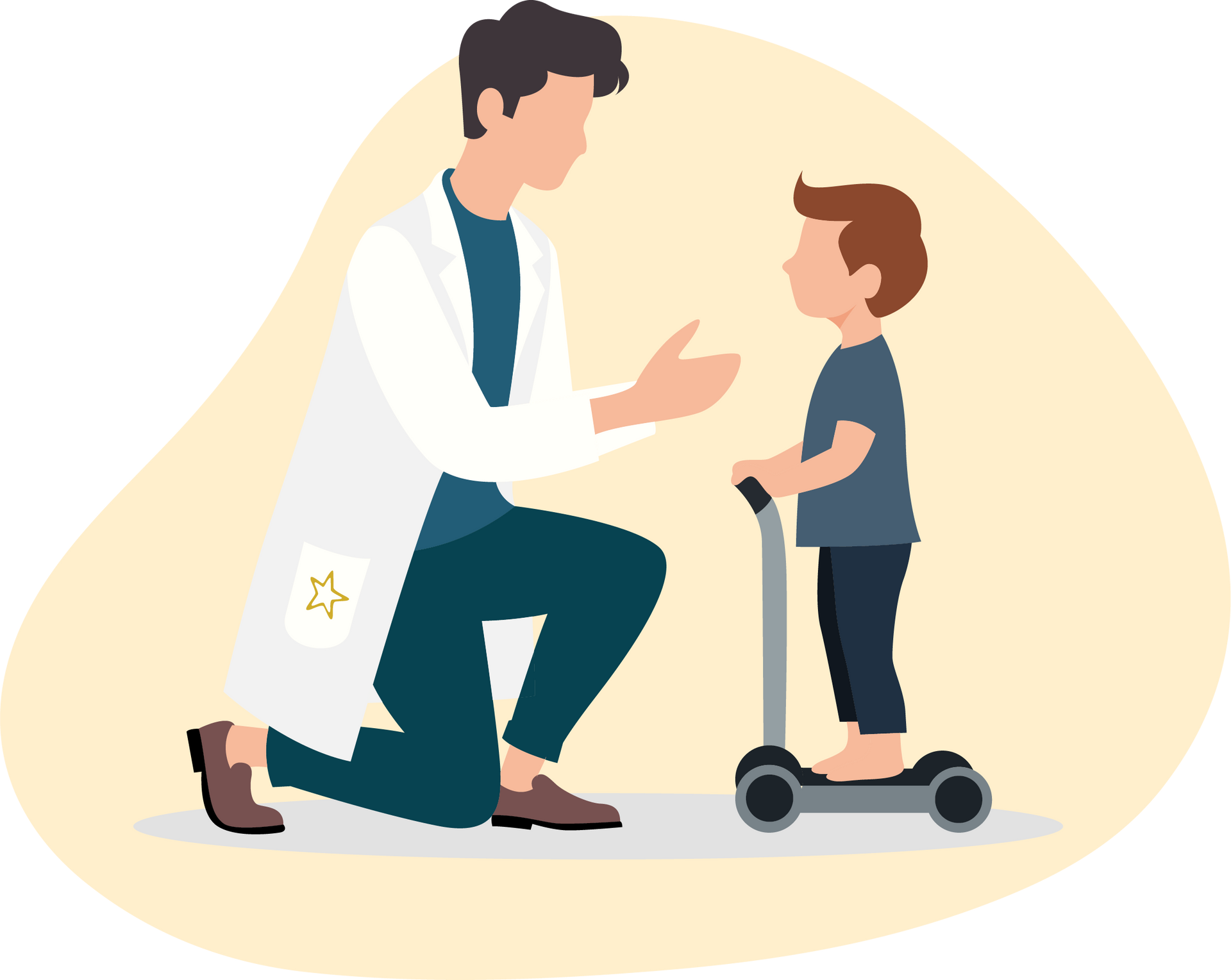 Ein Arzt kniet neben einem kleinen Jungen auf einem Roller und gestikuliert mit der Hand. Sie stehen vor einem neutralen Hintergrund.