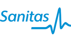 Un logotipo azul para Sanitas con una línea de latidos del corazón.