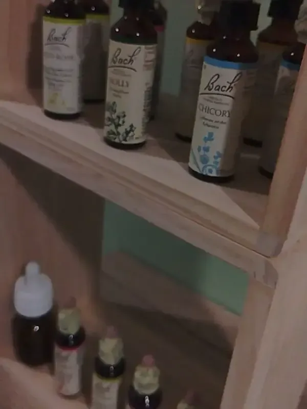 Estantería de madera con varios frascos pequeños de remedios florales de Bach en dos niveles.