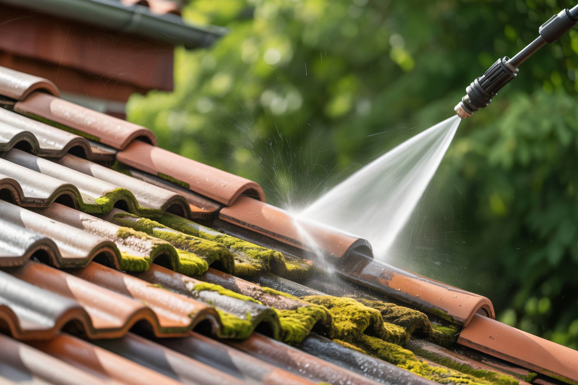 Puissant jet d'eau provenant d'un nettoyeur à haute pression nettoyant la mousse verte des tuiles de toit