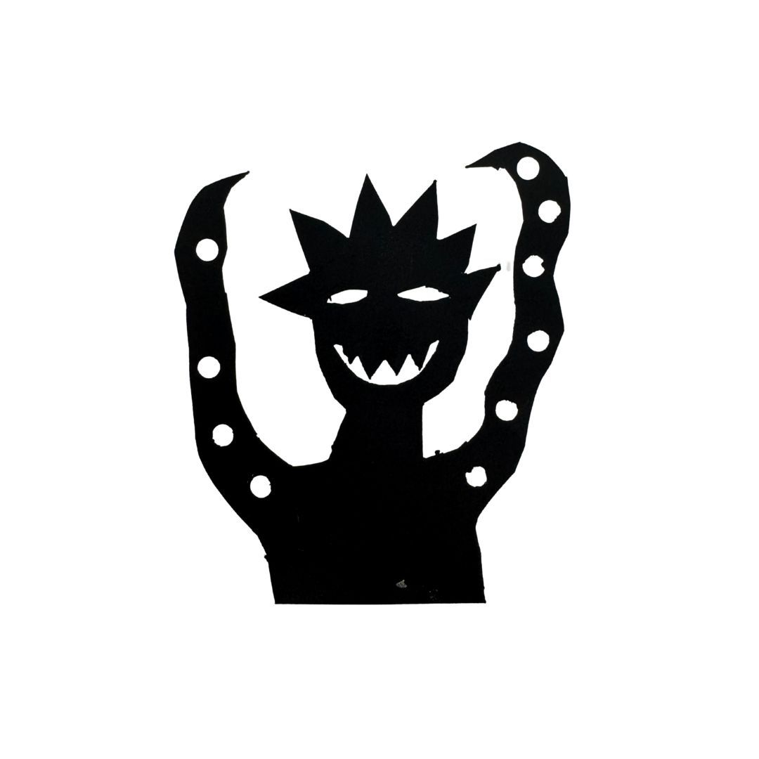 Eine schwarz-weiße Silhouette eines Monsters mit Tentakeln.