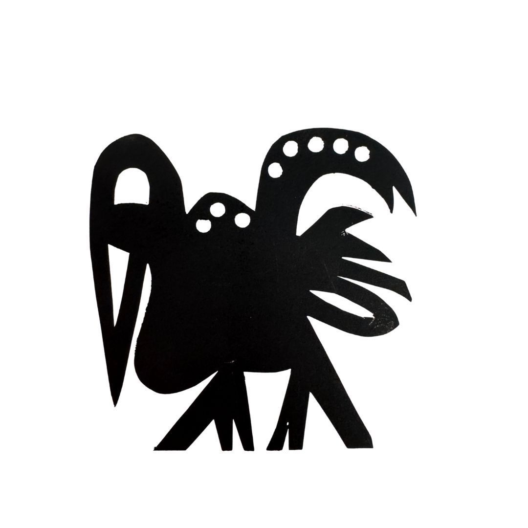 Eine schwarz-weiße Zeichnung eines Vogels auf weißem Hintergrund