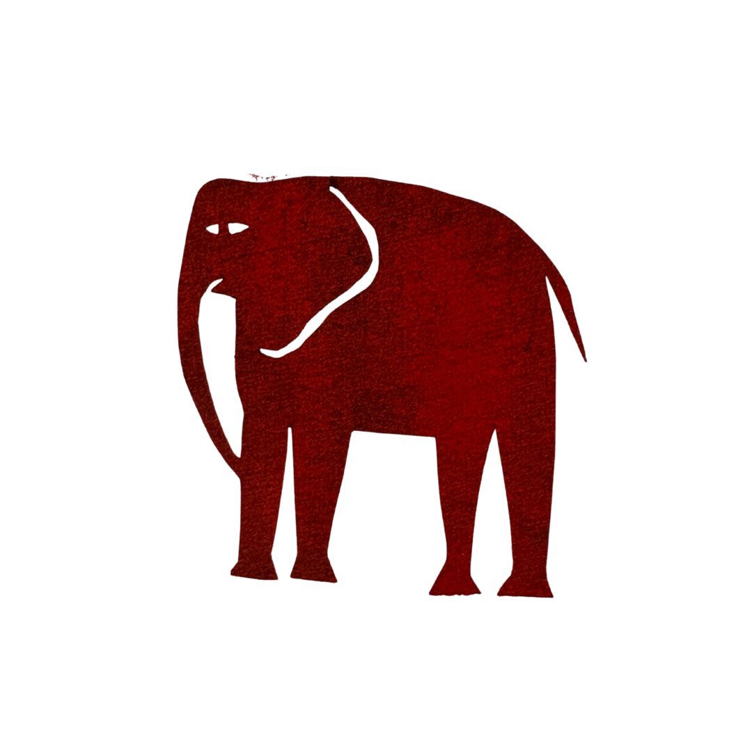 Ein roter Elefant steht auf einem weißen Hintergrund