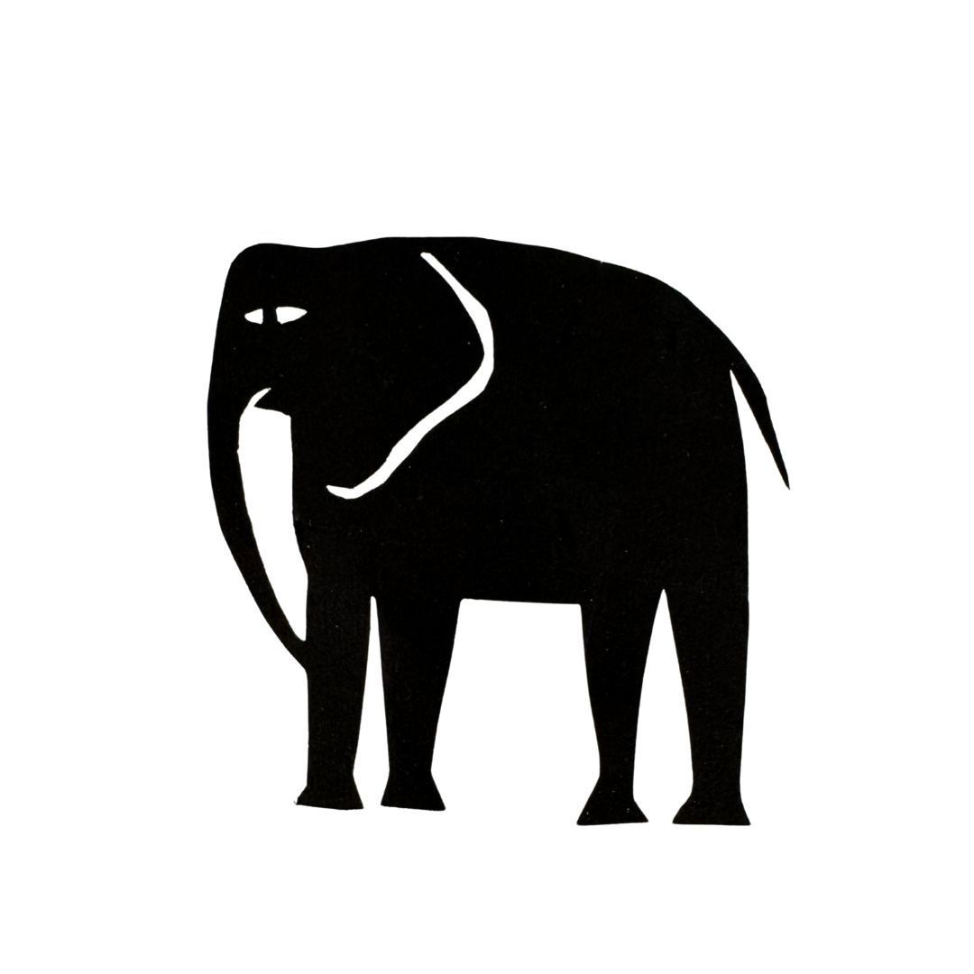 Eine schwarz-weiße Silhouette eines Elefanten auf weißem Hintergrund.
