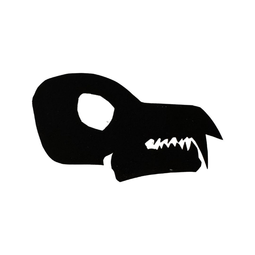 Eine schwarz-weiße Silhouette eines Hundeschädels mit Zähnen.