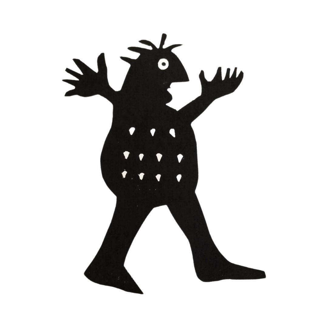 Eine schwarz-weiße Zeichnung eines Monsters mit einem dicken Bauch