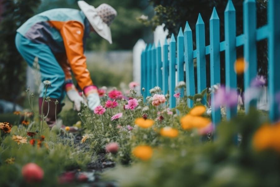 Una mujer está trabajando en un jardín al lado de una valla azul.