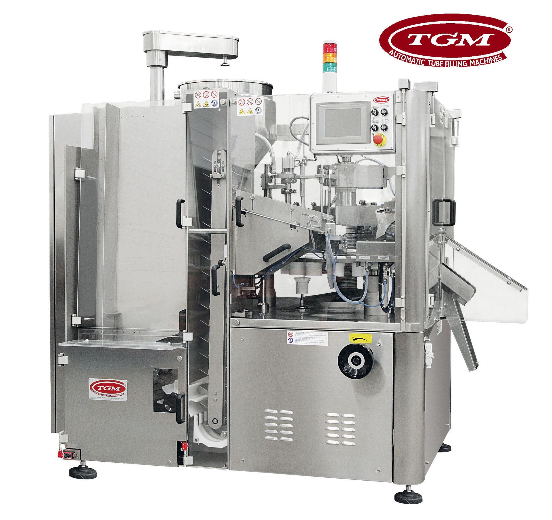 Eine Tubenfüll- und Verschließmaschine aus Edelstahl von TGM mit Bedienfeld und Kontrollleuchten.