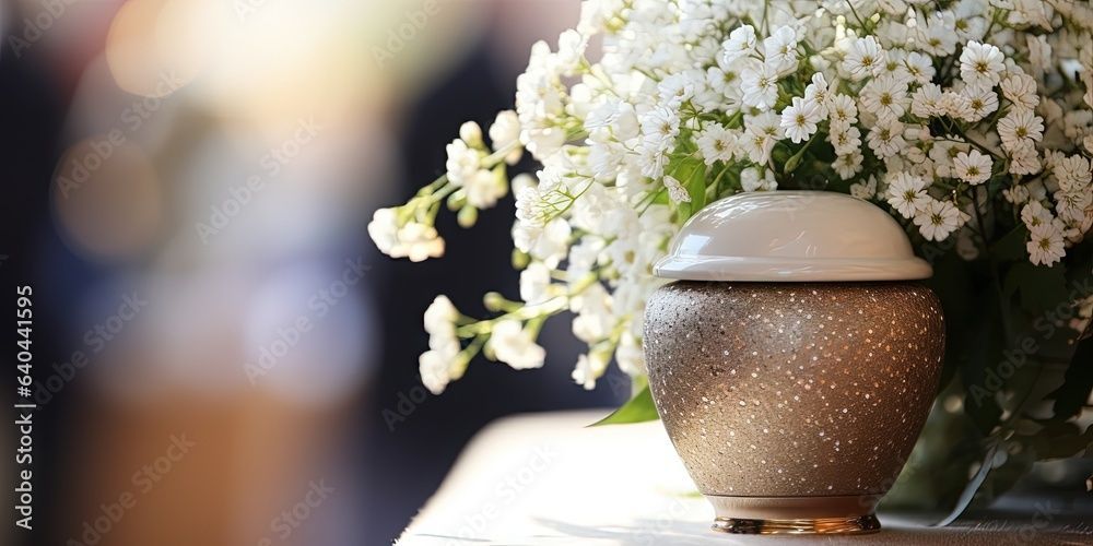 urne décorée devant des fleurs blanches