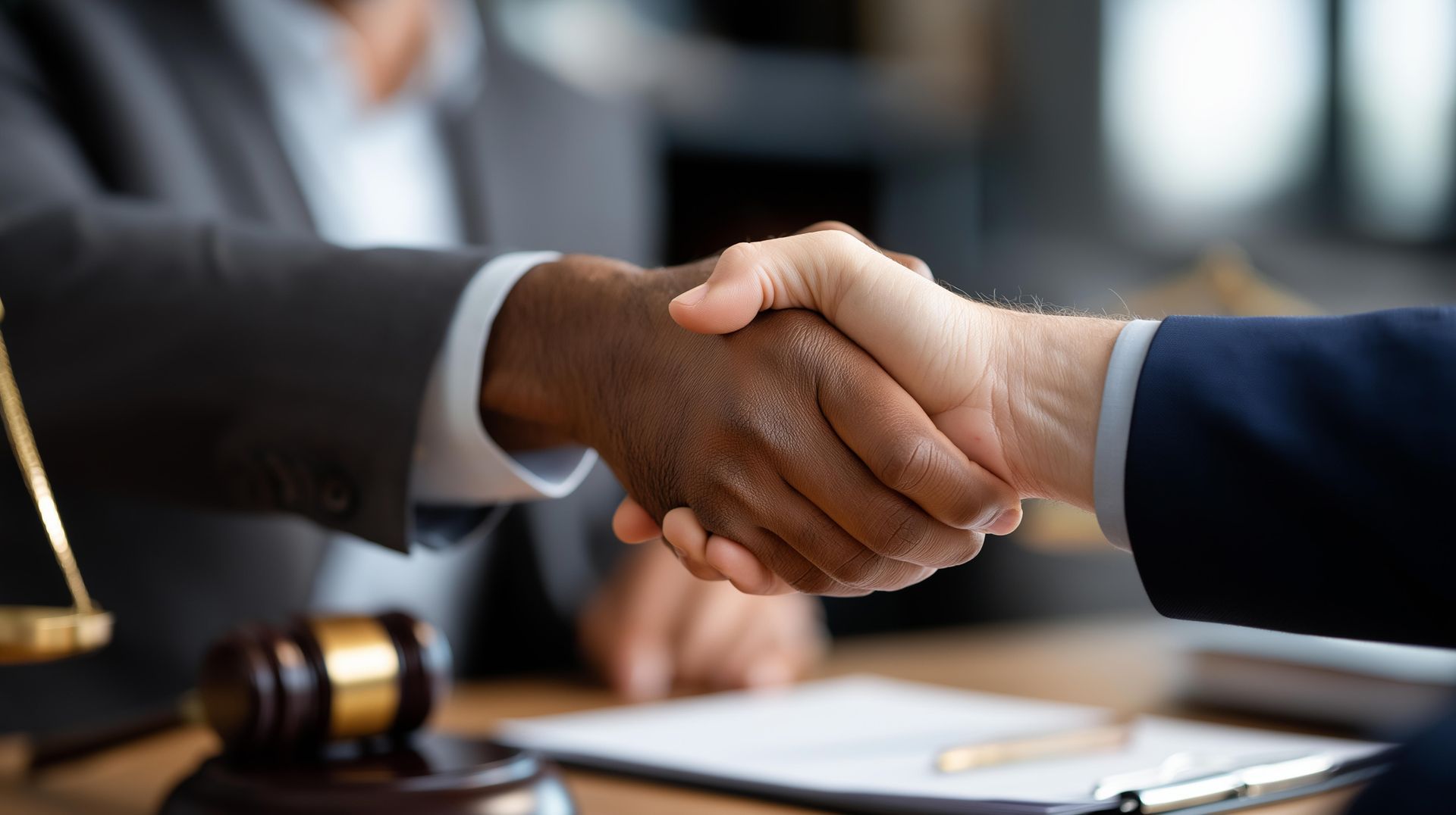 Deux personnes en costume se serrent la main à un bureau, une balance et un maillet en arrière-plan.