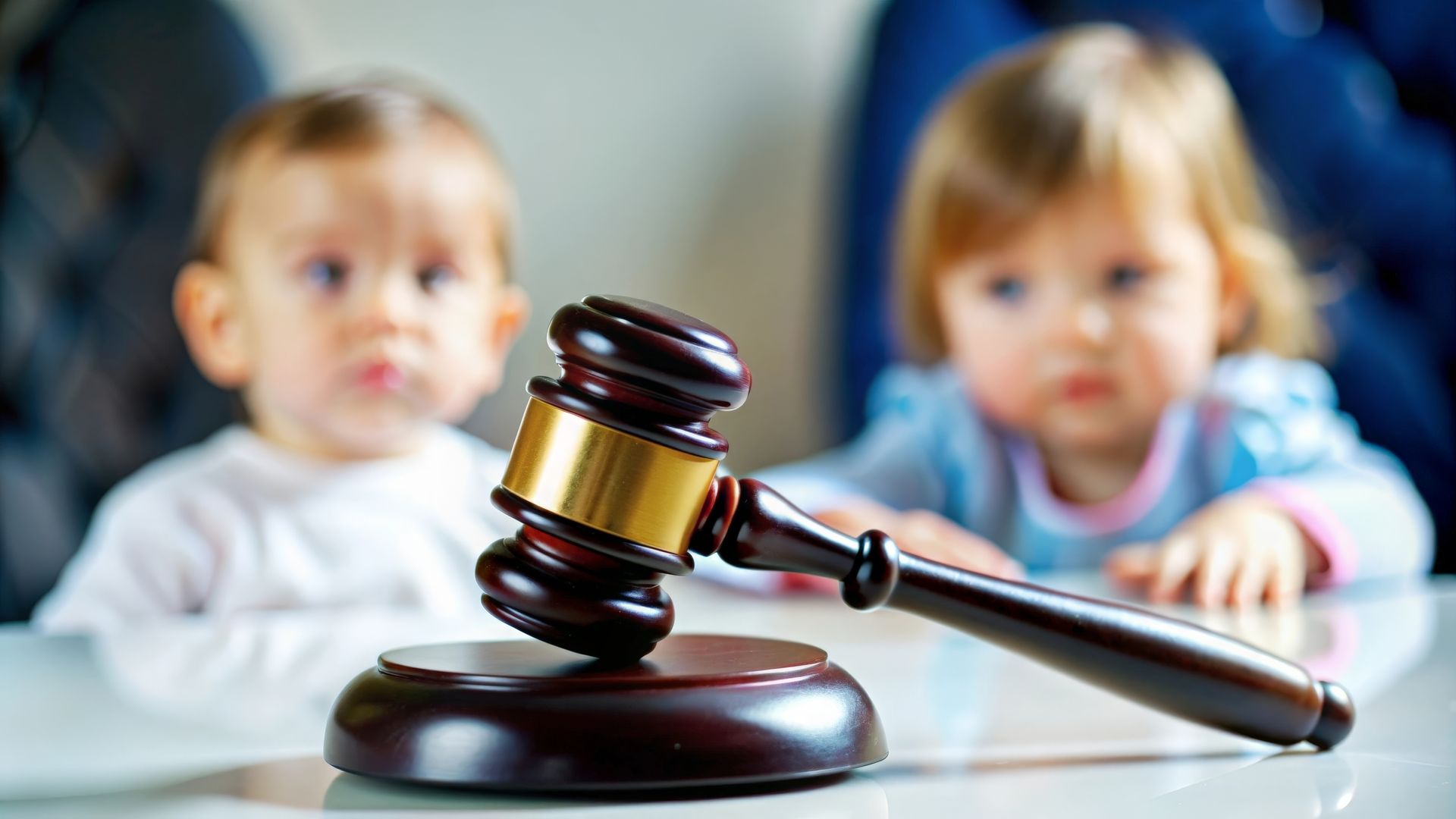 Un maillet sur une table, avec deux bébés en arrière-plan, probablement dans un contexte de tribunal.