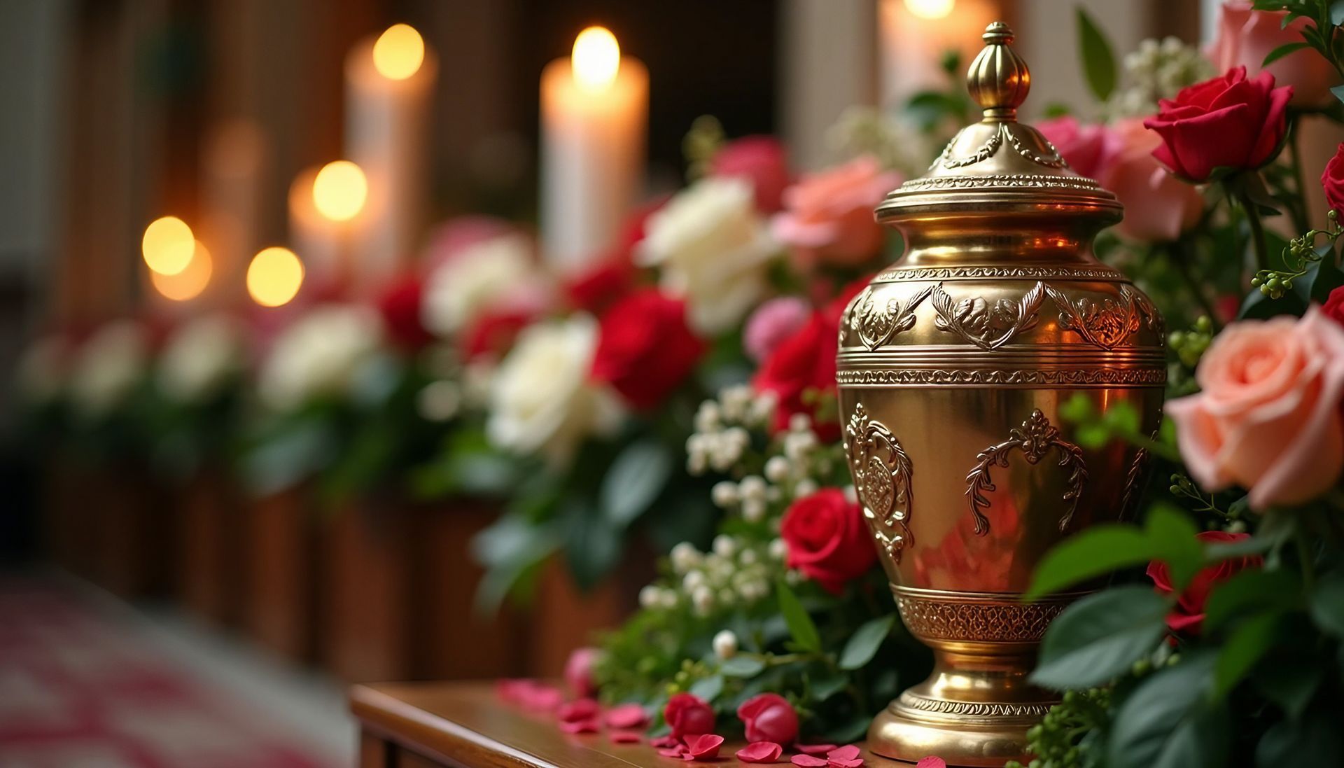 Une urne entourée de fleurs