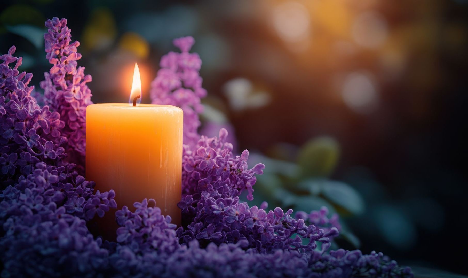 Une bougie parmi des fleurs