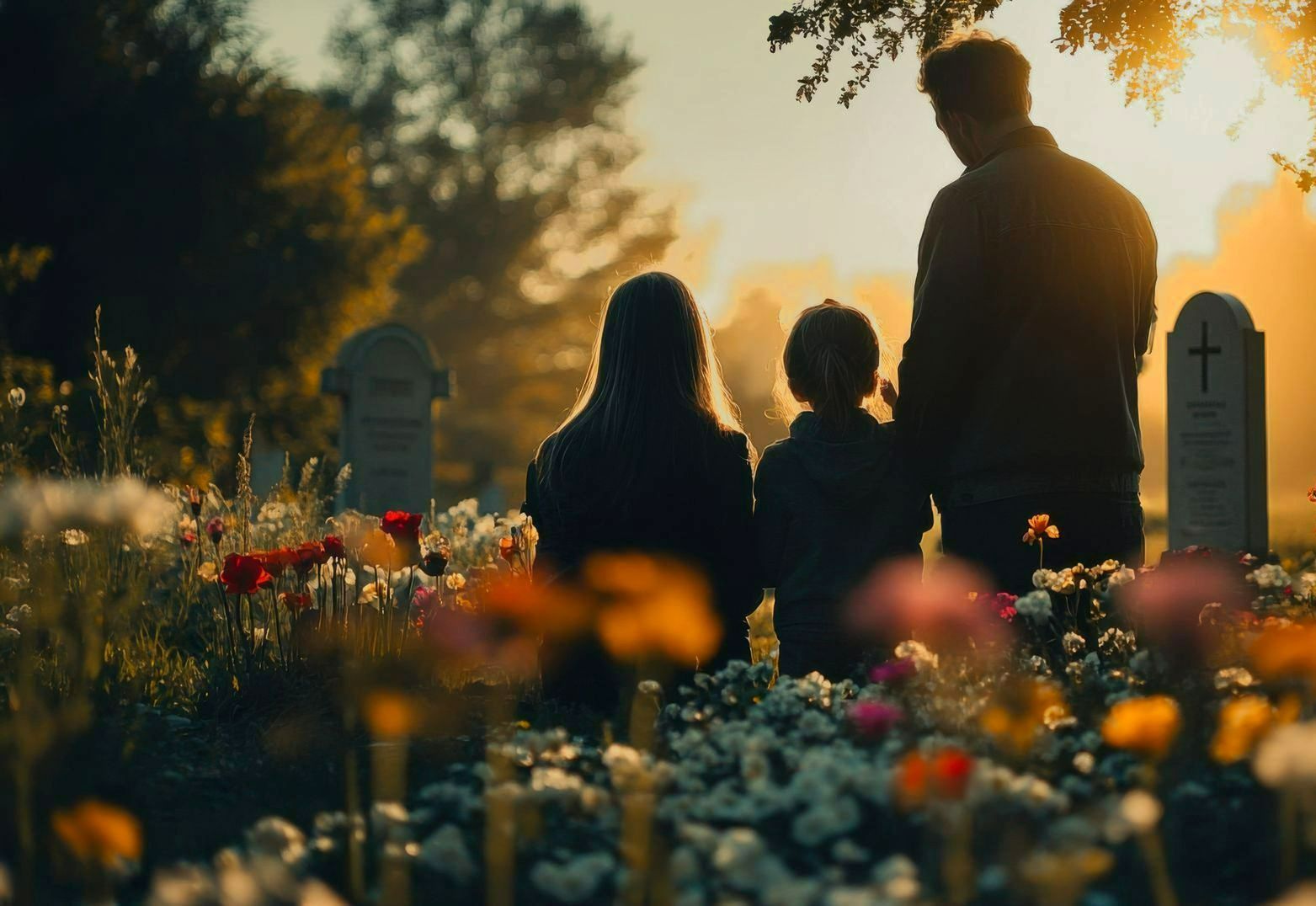 Un homme avec ses deux filles dans un cimetière
