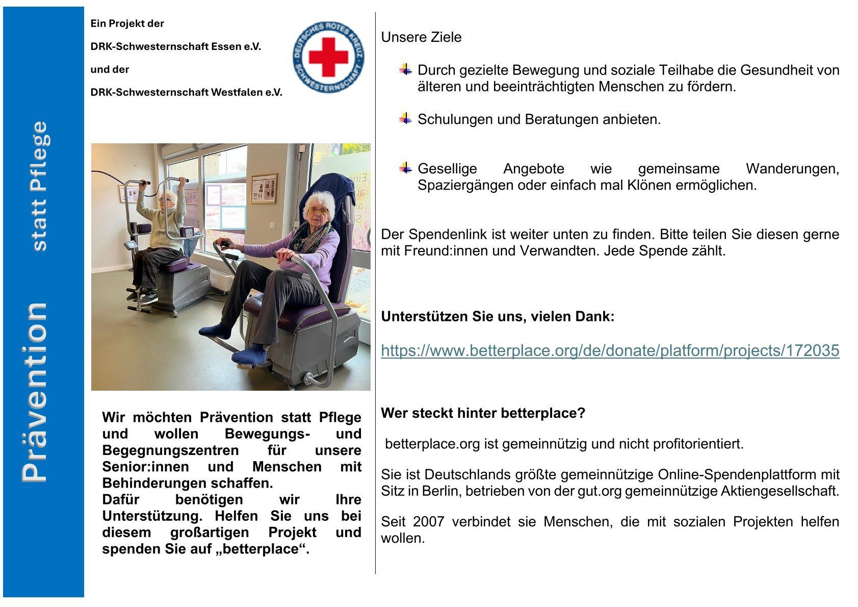 Deutscher Flyer mit Rotkreuz-Logo, Textblöcken und einem kleinen Foto einer Frau im Rollstuhl, die Hilfe erhält.