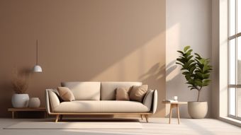 Canapé installé contre un mur de couleur marron