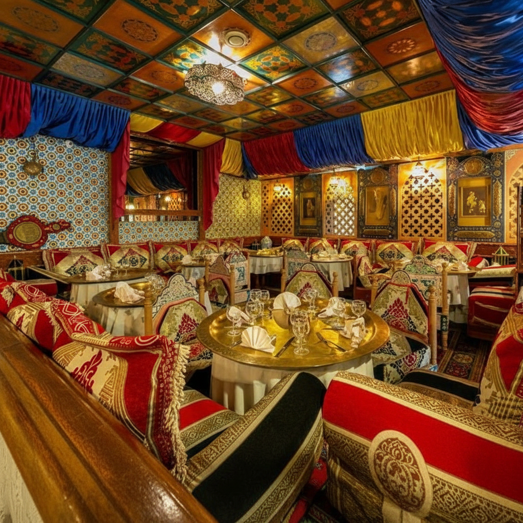 Salle à manger ornée de style marocain avec tables dorées, rideaux rouges et bleus et décor à motifs
