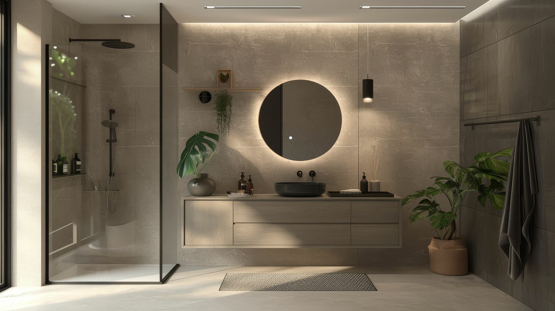 Une salle de bains avec une douche à l'italienne