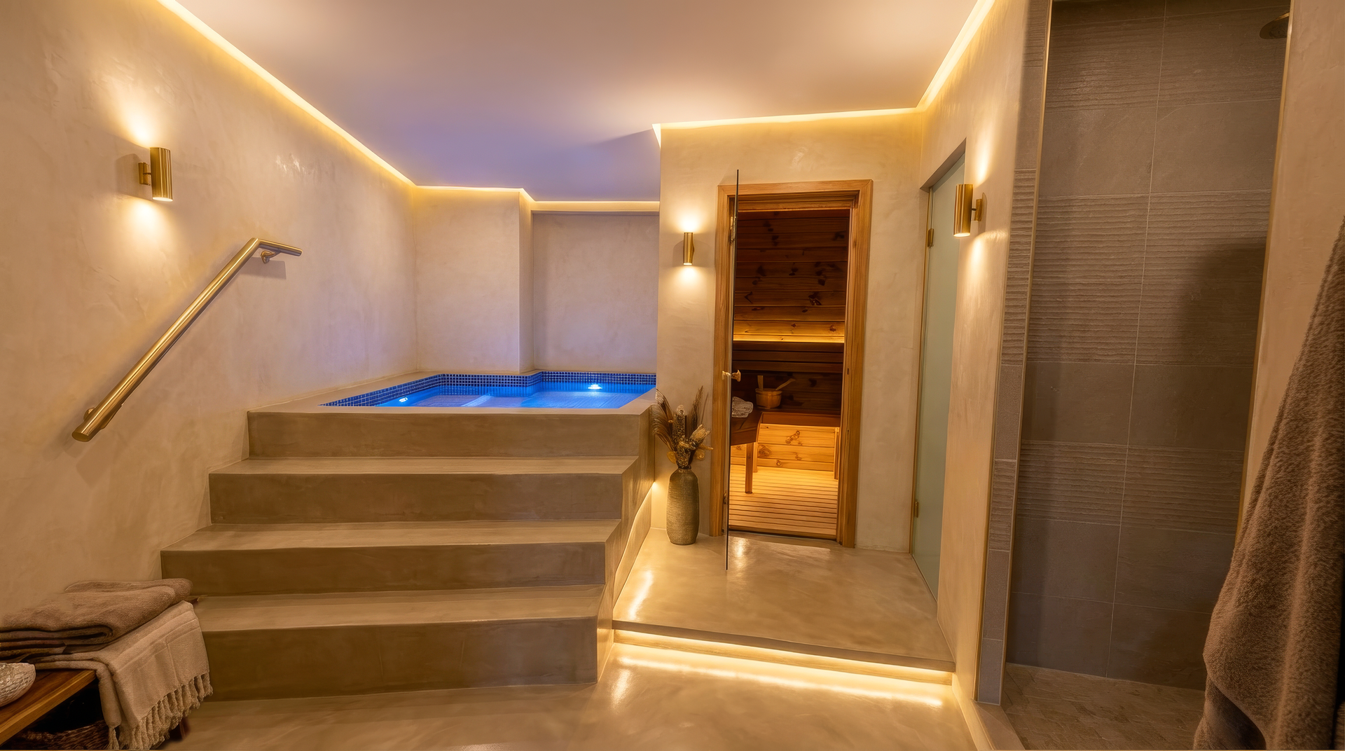 Spa interior with illuminated jacuzzi and sauna access. Steps lead to tub, with warm lighting.