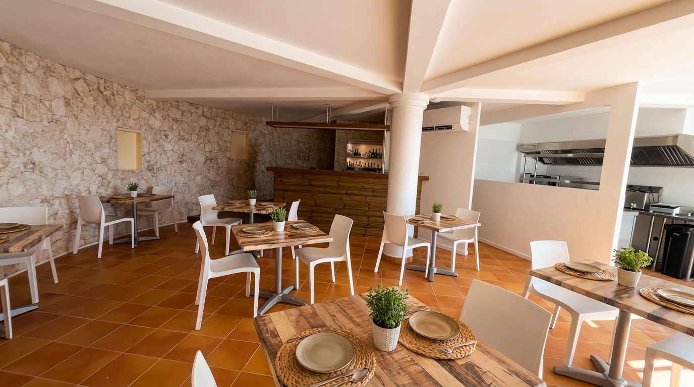 Restaurant interior with tables, chairs, and a bar. Features a stone wall, wood accents, and kitchen in the background.