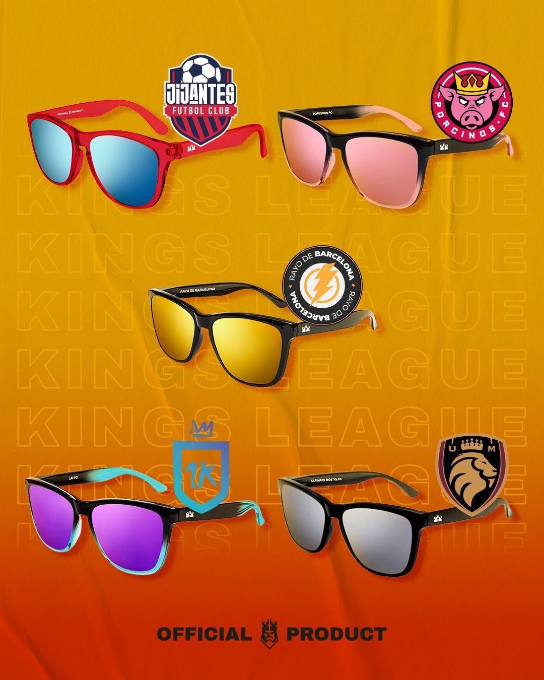 Un grupo de gafas de sol están colocadas una encima de la otra sobre un fondo amarillo.