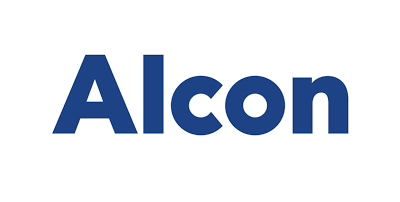 El logotipo de Alcon es azul y blanco sobre un fondo blanco.