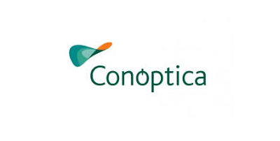 Se muestra un logotipo de conoptica sobre un fondo blanco.