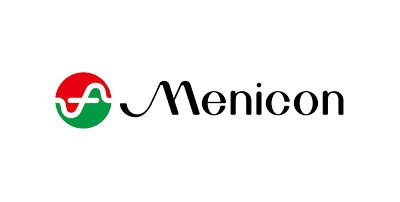 Un logotipo de menicon con un círculo rojo, verde y blanco sobre un fondo blanco.